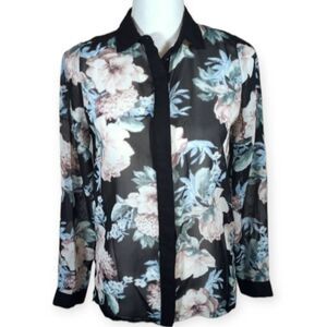 ATMOSPHERE SHEER BLACK, PINK, & BLUE FLORAL BUTTON DOWN BLOUSE SZ.US6 EUC.